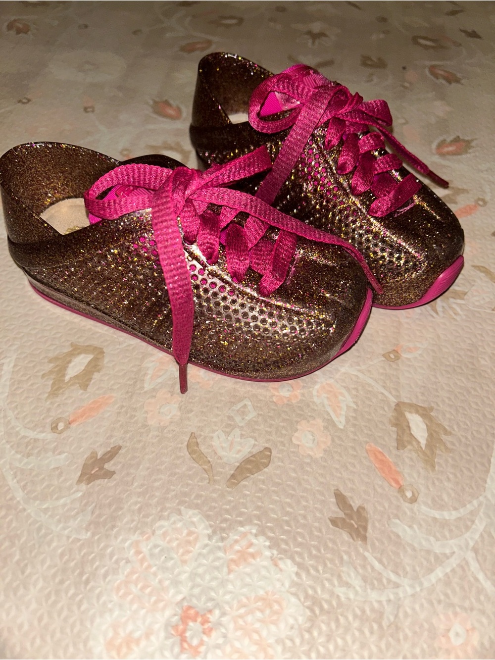 Mini Melissa Glitter Brown Sneakers with Hot Pink Laces